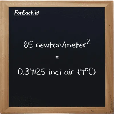 Cara konversi newton/meter<sup>2</sup> ke inci air (4<sup>o</sup>C) (N/m<sup>2</sup> ke inH2O): 85 newton/meter<sup>2</sup> (N/m<sup>2</sup>) setara dengan 85 dikalikan dengan 0.0040147 inci air (4<sup>o</sup>C) (inH2O)
